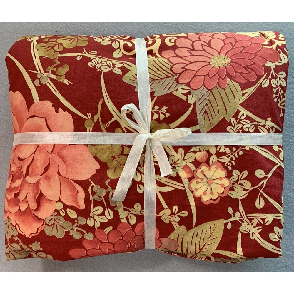 Pottery Barn Dahlia Floral King Duvet Cover Red Cotton Bedding Green Brown